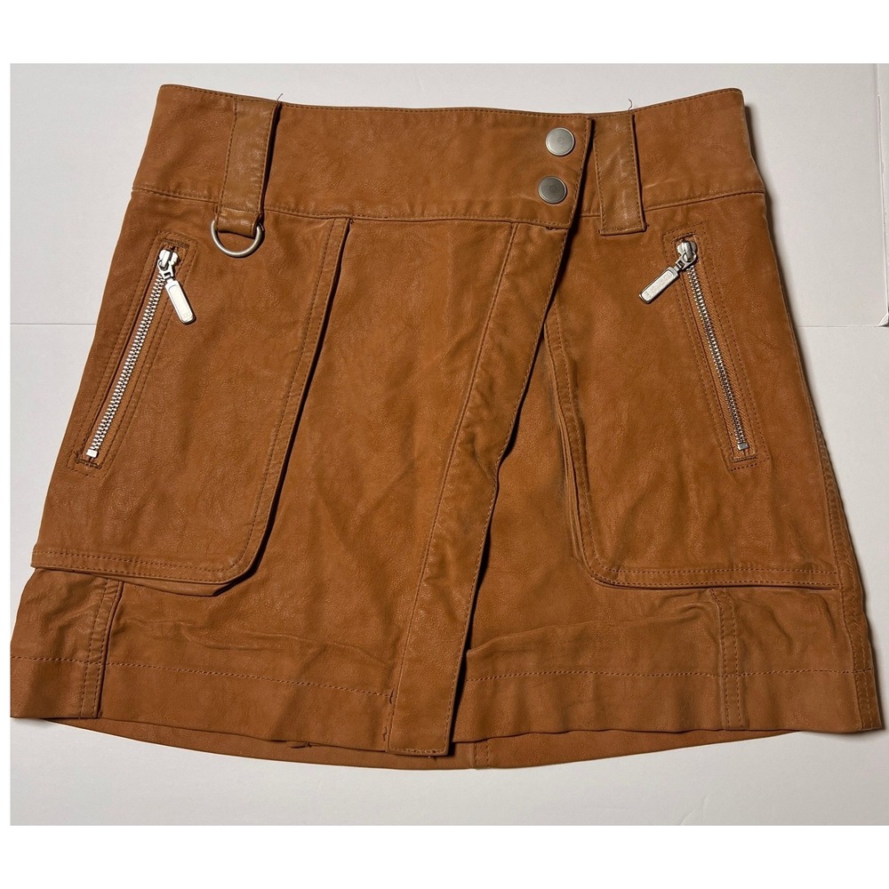 Free People Mini Skirt Women 0 Brown Faux Leather Asymmetrical Zip Utility